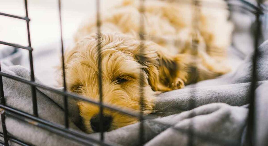 labradoodle sleeping in a crate or playpen